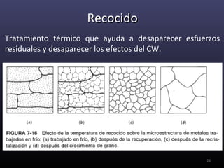 Recocido
Tratamiento térmico que ayuda a desaparecer esfuerzos
residuales y desaparecer los efectos del CW.




                                                 26
 