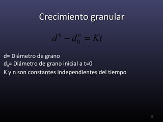 Crecimiento granular

                  d − d = Kt
                    n      n
                           0

d= Diámetro de grano
d0= Diámetro de grano inicial a t=0
K y n son constantes independientes del tiempo




                                                 32
 