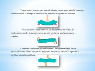 Flexión: de un elemento estará sometida a flexión cuando actúen sobre las cargas que
tiendan a doblarlo. A este tipo de esfuerzo se ven sometidas las vigas de una estructura.
Torsión: un cuerpo sufre esfuerzos de torsión cuando existen fuerzas que
tienden a retorcerlo. Es el caso del esfuerzo que sufre una llave al girarla dentro de la
cerradura.
Cortaduras: el esfuerzo al que está sometida a una pieza cuando las fuerzas
aplicadas tienden a cortarla o desgarrarla. El ejemplo más claro de cortadura lo representa la
acción de cortar con unas tijeras.
 