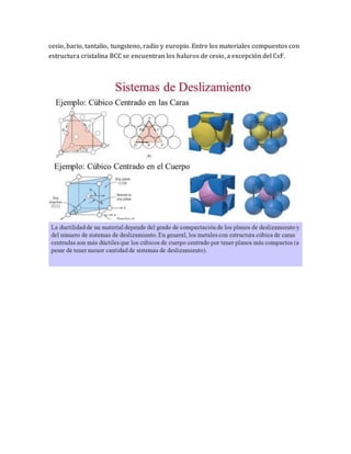 cesio, bario, tantalio, tungsteno, radio y europio. Entre los materiales compuestos con
estructura cristalina BCC se encuentran los haluros de cesio, a excepción del CsF.
 