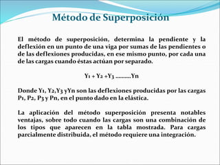 El método de superposición, determina la pendiente y la
deflexión en un punto de una viga por sumas de las pendientes o
de las deflexiones producidas, en ese mismo punto, por cada una
de las cargas cuando éstas actúan por separado.
Y1 + Y2 +Y3 ……….Yn
Donde Y1, Y2,Y3 yYn son las deflexiones producidas por las cargas
P1, P2, P3 y Pn, en el punto dado en la elástica.
La aplicación del método superposición presenta notables
ventajas, sobre todo cuando las cargas son una combinación de
los tipos que aparecen en la tabla mostrada. Para cargas
parcialmente distribuida, el método requiere una integración.
Método de Superposición
 