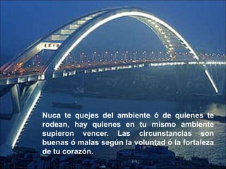 Nuca te quejes del ambiente ó de quienes te
rodean, hay quienes en tu mismo ambiente
supieron vencer. Las circunstancias son
buenas ó malas según la voluntad ó la fortaleza
de tu corazón.
 