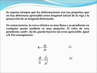 Se supone siempre que las deformaciones son tan pequeñas que
no hay diferencia apreciable entre longitud inicial de la viga y la
proyección de su longitud deformada.
En consecuencia, la curva elástica es muy llana y su pendiente en
cualquier punto también es muy pequeña. El valor de esta
pendiente, tanθ = dy/dx, puede hacerse sin error apreciable, igual
a θ. Por consiguiente:
(a)
(b)
 