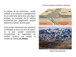 La colisión de los continentes puede
producir la incrustación y cabalgamiento
de un continente sobre otro, que, llega a
producir un aumento de la corteza
continental por plegamiento (puede
duplicarse el grosor de esta capa).
Entre los dos continentes que colisionan
se distingue a veces una zona de sutura,
en la que pueden encontrarse
incrustaciones de fragmentos de
litosfera oceánica que reciben el
nombre de mantos de ofiolitas.
 