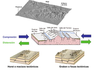 Compresión Distensión Horst o macizos tectónicos  Graben o fosas tectónicas 