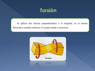 Al aplicar dos fuerzas perpendiculares a la longitud, en la misma
dirección y sentido contrario, el cuerpo tiende a retorcerse.

 