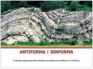 E
A atitude espacial permite classificar as dobras em Antiforma e Sinforma.
 