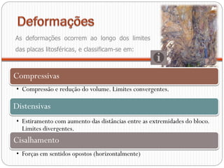 As deformações ocorrem ao longo dos limites
das placas litosféricas, e classificam-se em:



Compressivas
• Compressão e redução do volume. Limites convergentes.

Distensivas
• Estiramento com aumento das distâncias entre as extremidades do bloco.
  Limites divergentes.
Cisalhamento
• Forças em sentidos opostos (horizontalmente)
 