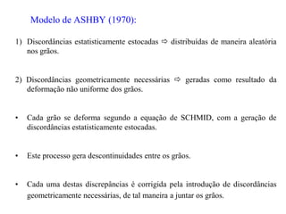 Modelo de ASHBY (1970):
1) Discordâncias estatisticamente estocadas  distribuídas de maneira aleatória
nos grãos.
2) Discordâncias geometricamente necessárias  geradas como resultado da
deformação não uniforme dos grãos.
• Cada grão se deforma segundo a equação de SCHMID, com a geração de
discordâncias estatisticamente estocadas.
• Este processo gera descontinuidades entre os grãos.
• Cada uma destas discrepâncias é corrigida pela introdução de discordâncias
geometricamente necessárias, de tal maneira a juntar os grãos.
 