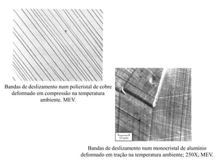Bandas de deslizamento num monocristal de alumínio
deformado em tração na temperatura ambiente; 250X; MEV.
Bandas de deslizamento num policristal de cobre
deformado em compressão na temperatura
ambiente. MEV.
 