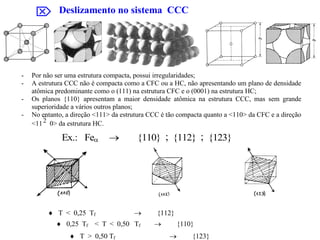  Deslizamento no sistema CCC
- Por não ser uma estrutura compacta, possui irregularidades;
- A estrutura CCC não é compacta como a CFC ou a HC, não apresentando um plano de densidade
atômica predominante como o (111) na estrutura CFC e o (0001) na estrutura HC;
- Os planos {110} apresentam a maior densidade atômica na estrutura CCC, mas sem grande
superioridade a vários outros planos;
- No entanto, a direção <111> da estrutura CCC é tão compacta quanto a <110> da CFC e a direção
<112 0> da estrutura HC.
Ex.: Fe  {110}; {112}; {123}Ex.: Fe  {110}; {112}; {123}Ex.: Fe  {110}; {112}; {123}
 0,25 Tf < T < 0,50 Tf  {110}
 T > 0,50 Tf  {123}
 T < 0,25 Tf  {112}
; ;
 