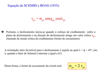 Equação de SCHMID e BOAS (1935):
ys = ys senys cosys
 Portanto, o deslizamento inicia-se quando o esforço de cisalhamento sobre o
plano de deslizamento e na direção de deslizamento atinge um valor crítico ys,
chamado de tensão crítica de cisalhamento (limite de escoamento).
A orientação mais favorável para o deslizamento é aquela na qual  =  = 45o, isto
é, quando o fator de Schmid é máximo e igual a 0,5.
ys = 2 ys
Desta forma, o limite de escoamento do cristal será:
 