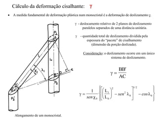 Cálculo da deformação cisalhante:
 - quantidade total de deslizamento dividida pela
espessura do “pacote” de cisalhamento
(dimensão da porção deslizada).
 
BB
AC
'


 





 





 








1
0
1
0
2
2
0
1 2
0
sen
sen cos
/
L
L
 A medida fundamental de deformação plástica num monocristal é a deformação de deslizamento .

Consideração: o deslizamento ocorre em um único
sistema de deslizamento.
Alongamento de um monocristal.
 - deslocamento relativo de 2 planos de deslizamento
paralelos separados de uma distância unitária.
 