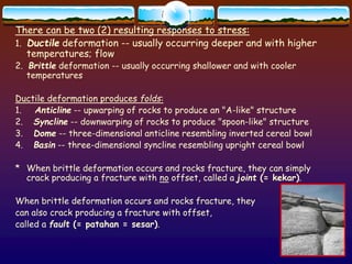 There can be two (2) resulting responses to stress:
1. Ductile deformation -- usually occurring deeper and with higher
temperatures; flow
2. Brittle deformation -- usually occurring shallower and with cooler
temperatures
Ductile deformation produces folds:
1. Anticline -- upwarping of rocks to produce an "A-like" structure
2. Syncline -- downwarping of rocks to produce "spoon-like" structure
3. Dome -- three-dimensional anticline resembling inverted cereal bowl
4. Basin -- three-dimensional syncline resembling upright cereal bowl
* When brittle deformation occurs and rocks fracture, they can simply
crack producing a fracture with no offset, called a joint (= kekar).
When brittle deformation occurs and rocks fracture, they
can also crack producing a fracture with offset,
called a fault (= patahan = sesar).
 