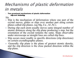  Two prominent mechanisms of plastic deformation
◦ slip and twinning.
Slip
 Slip is the mechanism of deformation where one part of the
crystal moves, glides or slips over another part along certain
planes called slip planes. (eg Mg, Cu , Al ,Ni ).
 During slip each atom usually moves same integral number of
atomic distances along the slip plane producing a step, but the
orientation of the crystal remains the same. Steps observable
under microscope as straight lines are called slip lines.
 Slip occurs most readily in specific directions (slip directions)
on certain crystallographic planes.
 Generally slip plane is the plane of greatest atomic density,
and the slip direction is the close packed direction within the
slip plane.
Dr.K.RaviKumar
 