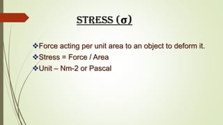 Force acting per unit area to an object to deform it.
Stress = Force / Area
Unit – Nm-2 or Pascal
Stress (σ)
 