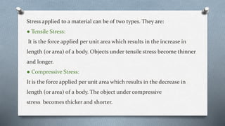 Stress applied to a material can be of two types. They are:
● Tensile Stress:
It is the force applied per unit area which results in the increase in
length (or area) of a body. Objects under tensile stress become thinner
and longer.
● Compressive Stress:
It is the force applied per unit area which results in the decrease in
length (or area) of a body. The object under compressive
stress becomes thicker and shorter.
 