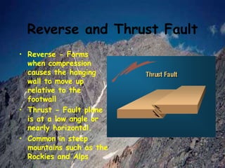 Reverse and Thrust Fault
• Reverse - Forms
when compression
causes the hanging
wall to move up
relative to the
footwall
• Thrust - Fault plane
is at a low angle or
nearly horizontal.
• Common in steep
mountains such as the
Rockies and Alps
 