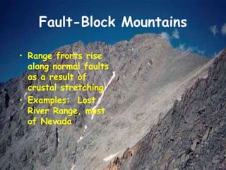 Fault-Block Mountains
• Range fronts rise
along normal faults
as a result of
crustal stretching
• Examples: Lost
River Range, most
of Nevada
 