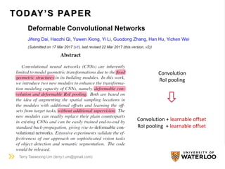 TODAY’S PAPER
Terry Taewoong Um (terry.t.um@gmail.com)
Convolution
RoI pooling
Convolution + learnable offset
RoI pooling + learnable offset
 