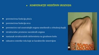 ● KOMPLIKACIJE NELEČENIH SKOLIOZA:
● poremećena funkcija pluća
● poremećena funkcija srca
● poremećen rad unutrašnjih organa smeštenih u trbušnoj duplji
● strukturalne promene navedenih organa
● nastanak strukturalnih deformiteta na grudnom košu
● odsustvo estetike tela koje se karakteriše simetrijom
 
