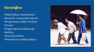Uzroci kifoze
•Slaba leđna muskulatura
•Različite reumatske bolesti
•Progresivne mišiće bolesti
•Tumor
•Dugotrajna imobilizacija
•Rahitis
•Staračka kifoza
•Poremećeni oblik pršljena
 