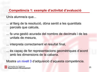 Competència 1: exemple d’activitat d’avaluació

Un/a alumne/a que...

... al llarg de la resolució, dóna sentit a les quantitats
    parcials que calcula,

... fa una gestió acurada del nombre de decimals i de les
    unitats de mesura,

... interpreta correctament el resultat final,

... és capaç de fer representacions geomètriques d’acord
    amb les dimensions de la cabana.

Mostra un nivell 3 d’adquisició d’aquesta competència.
                                                             25
 