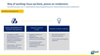 Way of working; focus op klant, proces en rendement.
Iteratief proces o.b.v. kwalitatieve data (hypotheses) en kwantitatieve data (valideren)
• Ontwikkelen van MVP.
• Iteratief testen met de klant (UX
lab), optimaliseren o.b.v.
kwalitatieve klantfeedback en
valideren met kwantitatieve
data (A/B testen).
• Ketenregisseur – spil tussen
online, IT, call center,
distributiecentrum en offline.
• Dagelijks monitoren van
performance.
• Wekelijks overleg – zowel
performance als ontwikkeling.
• Sturing obv klantwaarde,
procesverbetering en
rendement (bouwen, leren en
optimaliseren).
• Deelt online inzichten tbv
propositieverbetering.
• Van een lineaire naar adaptieve
organisatie.
Samen met de klant; MVP’s,
iteratief en data-gedreven.
Volledig transparant
en agile
Inspireren en elkaar versterken.
Iteratief en data-gedreven
 