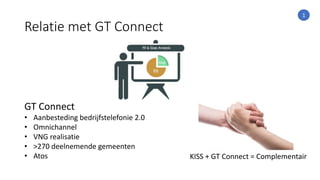 Relatie met GT Connect
KISS + GT Connect = Complementair
GT Connect
• Aanbesteding bedrijfstelefonie 2.0
• Omnichannel
• VNG realisatie
• >270 deelnemende gemeenten
• Atos
1
 