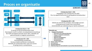 Proces en organisatie 65
1 Knelpunten klant <> FO:
Te weinig sturing op kanaalvoorkeur klant
Klant beperkt inzicht in contact- en producthistorie (mijntilburg)
KCC heeft versnipperd overzicht vanuit TSA’s > behoefte aan
gestructureerde en integrale contacthistorie
2 Knelpunten FO <> BO:
Procesbewaking onvoldoende
Sturing complete werkdossier onvoldoende
Behoefte aan productinformatie / waar af te nemen
Te weinig inzicht in contacthistorie
3 Knelpunten klant <> BO:
Vergelijkbaar met 2 (knelpunten FO<>BO)
Plus: bij uitgaand klantcontact te weinig gebruik kanaalvoorkeur
klant
4 Knelpunten BO <> BO:
Gebrek aan overzicht bij complexe, meervoudige casussen
in ketenprocessen (zowel intern als bij klant)
Grote behoefte aan ondersteuning van ’warme overdracht’
Behoefte aan:
1. Integraal klantbeeld :
• Informatie over producten/diensten
• Vraag- en antwoord combinaties
• Zaakinformatie
• Algemene klantgegevens
• klantcontacthistorie
• Kanaalvoorkeur
2. Proces / status informatie
3. Kennissysteem
4. Kanaalmanagement
5. Ondersteuning voor personalisatie en pro-actieve dienstverlening
 