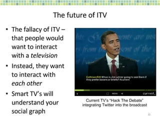The future of ITV The fallacy of ITV – that people would want to interact with a  television Instead, they want to interact with  each other Smart TV’s will understand your social graph Current TV’s “Hack The Debate” integrating Twitter into the broadcast 