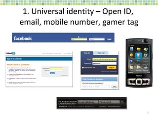 1. Universal identity – Open ID,  email, mobile number, gamer tag 