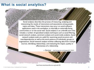 What is social analytics? Social analytics describes the process of measuring, analyzing and interpreting the results of interactions and associations among people, topics and ideas. These interactions may occur on social software applications used in the workplace, in internally or externally facing communities or on the social web. Social analytics is an umbrella term that includes a number of specialized analysis techniques such as social filtering, social-network analysis, sentiment analysis and social-media analytics. Social network analysis tools are useful for examining social structure and interdependencies as well as the work patterns of individuals, groups or organizations. Social network analysis involves collecting data from multiple sources, identifying relationships, and evaluating the impact, quality or effectiveness of a relationship. -- Gartner http://www.westchesterlibraries.org/node/102 http://www.gartner.com/it/page.jsp?id=1454221 