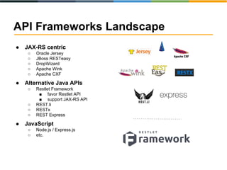 API Frameworks Landscape 
● JAX-RS centric 
○ Oracle Jersey 
○ JBoss RESTeasy 
○ DropWizard 
○ Apache Wink 
○ Apache CXF 
● Alternative Java APIs 
○ Restlet Framework 
■ favor Restlet API 
■ support JAX-RS API 
○ REST.li 
○ RESTx 
○ REST Express 
● JavaScript 
○ Node.js / Express.js 
○ etc. 
 