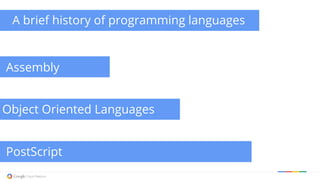 A brief history of programming languages 
Assembly 
OAbsjseecmt Oblryiented Languages 
PostScript 
 