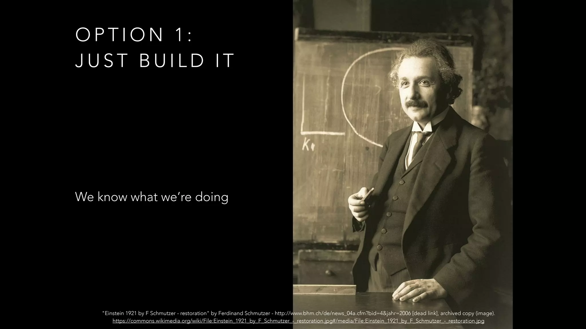 O P T I O N 1 :
J U S T B U I L D I T
We know what we’re doing
"Einstein 1921 by F Schmutzer - restoration" by Ferdinand Schmutzer - http://www.bhm.ch/de/news_04a.cfm?bid=4&jahr=2006 [dead link], archived copy (image).
https://commons.wikimedia.org/wiki/File:Einstein_1921_by_F_Schmutzer_-_restoration.jpg#/media/File:Einstein_1921_by_F_Schmutzer_-_restoration.jpg
 