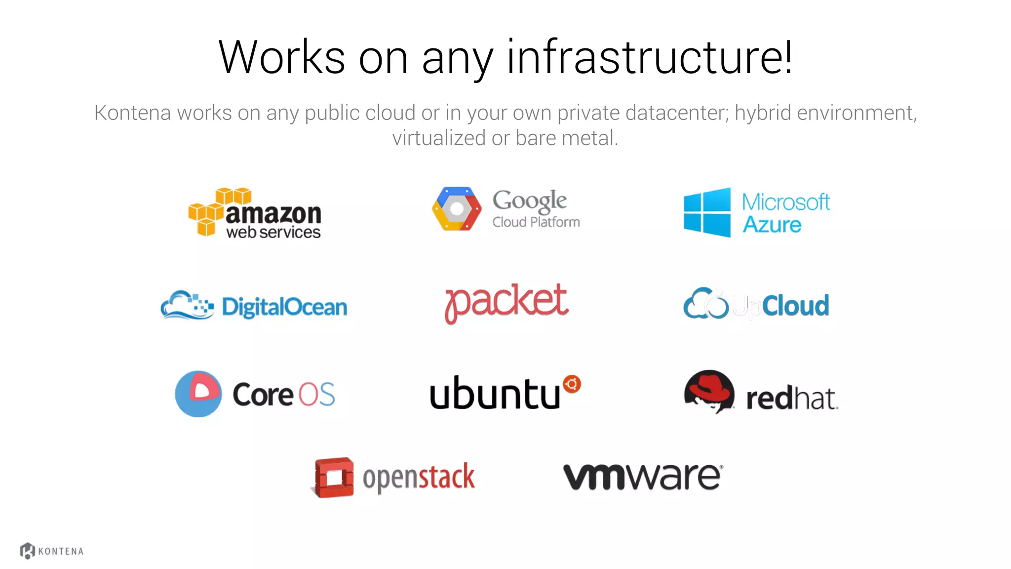 Works on any infrastructure!
Kontena works on any public cloud or in your own private datacenter; hybrid environment,
virtualized or bare metal.
 