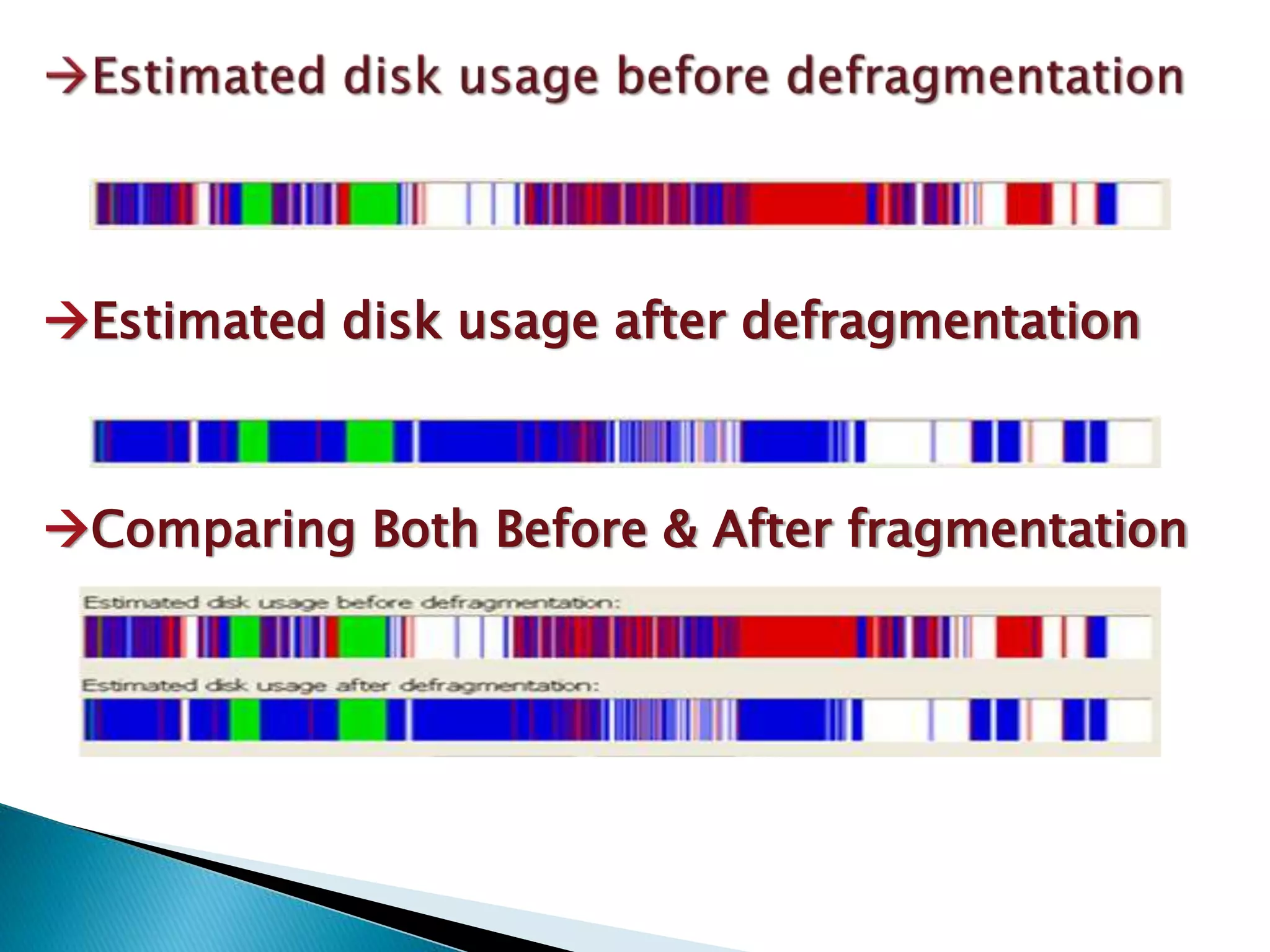 Estimated disk usage after defragmentation
Comparing Both Before & After fragmentation
