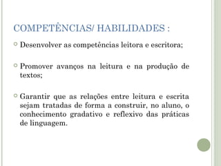 COMPETÊNCIAS/ HABILIDADES :


Desenvolver as competências leitora e escritora;



Promover avanços na leitura e na produção de
textos;



Garantir que as relações entre leitura e escrita
sejam tratadas de forma a construir, no aluno, o
conhecimento gradativo e reflexivo das práticas
de linguagem.

 