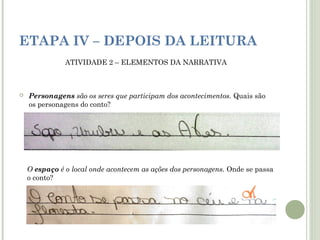 ETAPA IV – DEPOIS DA LEITURA
ATIVIDADE 2 – ELEMENTOS DA NARRATIVA



Personagens são os seres que participam dos acontecimentos. Quais são
os personagens do conto?

O espaço é o local onde acontecem as ações dos personagens. Onde se passa
o conto?

 