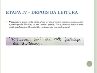 ETAPA IV – DEPOIS DA LEITURA


Narrador é quem conta o fato. Pode ser em primeira pessoa, ou seja, conta
e participa da história, ou em terceira pessoa, isto é, somente conta e não
participa dos fatos. O conto lido está narrado em qual pessoa?

 