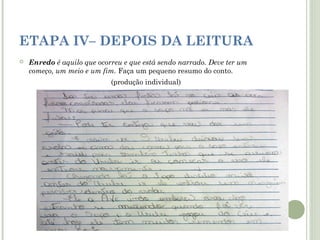 ETAPA IV– DEPOIS DA LEITURA


Enredo é aquilo que ocorreu e que está sendo narrado. Deve ter um
começo, um meio e um fim. Faça um pequeno resumo do conto.
(produção individual)

 