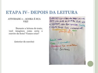 ETAPA IV– DEPOIS DA LEITURA
ATIVIDADE 4 – AGORA É SUA
VEZ!
Durante a leitura do texto,
você imaginou como seria o
convite da festa? Vamos criar?

(interior do convite)

 