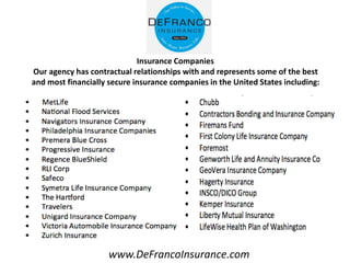 www.DeFrancoInsurance.com
Insurance Companies
Our agency has contractual relationships with and represents some of the best
and most financially secure insurance companies in the United States including:
 