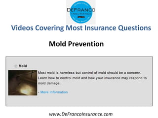 www.DeFrancoInsurance.com
Videos Covering Most Insurance Questions
Mold Prevention
 
