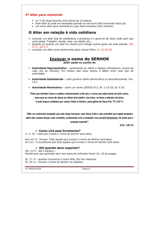 Pr. Hebinho MCM Página 8
3º Altar para memorial
• Js. 4:20 Josué levanta uma coluna de 12 pedras.
• Esse altar só pode ser levantado quando eu me torno filho honrando meus pai.
• um outro altar para memorial é o que Jesus levantou.(ELE mesmo).
O Altar em relação à vida cotidiana
• Levantar um altar fala de estabelecer a presença e o governo de Deus onde quer que
você esteja. Trabalho, escola, casa, na cidade, etc...
• Quando eu levanto um altar eu mostro pro inimigo contra quem ele esta lutando. 2Rs
6:17 ; Ed 3:3
• Levantar um altar como testemunho para nossos filhos. Js. 22:26-28
Invocar o nome do SENHOR
pedir ajuda ou auxílio de.
• Autoridade Representativa – geralmente se refere a objetos (Pentateuco, árvore da
vida, leis de trânsito). Em nossos dias Deus deixou a Bíblia como esse tipo de
autoridade.
• Autoridade Estabelecida – todo governo eleito democrática ou teocráticamente. Rm.
13:1
• Autoridade Nominativa – sobre um nome (JESUS) Fl.2; Ef. 1:15-23; Sl. 9:10.
“Pelo que também Deus o exaltou sobrema“Pelo que também Deus o exaltou sobrema“Pelo que também Deus o exaltou sobrema“Pelo que também Deus o exaltou sobremaneira e lhe deu o nome que está acima de todo nome,neira e lhe deu o nome que está acima de todo nome,neira e lhe deu o nome que está acima de todo nome,neira e lhe deu o nome que está acima de todo nome,
para que ao nome de Jesus se dobre todo joelho, nos céus, na terra e debaixo da terra,para que ao nome de Jesus se dobre todo joelho, nos céus, na terra e debaixo da terra,para que ao nome de Jesus se dobre todo joelho, nos céus, na terra e debaixo da terra,para que ao nome de Jesus se dobre todo joelho, nos céus, na terra e debaixo da terra,
e toda língua confesse que Jesus Cristo é Senhor, para glória de Deus Pai.” Fl. 2:9e toda língua confesse que Jesus Cristo é Senhor, para glória de Deus Pai.” Fl. 2:9e toda língua confesse que Jesus Cristo é Senhor, para glória de Deus Pai.” Fl. 2:9e toda língua confesse que Jesus Cristo é Senhor, para glória de Deus Pai.” Fl. 2:9----11.11.11.11.
“Não vos sobreveio tentaç“Não vos sobreveio tentaç“Não vos sobreveio tentaç“Não vos sobreveio tentação que não fosse humana; mas Deus é fiel e não permitirá que sejais tentadosão que não fosse humana; mas Deus é fiel e não permitirá que sejais tentadosão que não fosse humana; mas Deus é fiel e não permitirá que sejais tentadosão que não fosse humana; mas Deus é fiel e não permitirá que sejais tentados
além das vossas forças; pelo contrário, juntamente com a tentação vos proveráalém das vossas forças; pelo contrário, juntamente com a tentação vos proveráalém das vossas forças; pelo contrário, juntamente com a tentação vos proveráalém das vossas forças; pelo contrário, juntamente com a tentação vos proverá livramentolivramentolivramentolivramento, de sorte que o, de sorte que o, de sorte que o, de sorte que o
possais suportar”.possais suportar”.possais suportar”.possais suportar”.
1Co. 10:13
• Como virá esse livramento?
Jl. 2: 32 – todo que invocar o nome do Senhor será salvo.
Rm-10.13 - Porque: Todo aquele que invocar o nome do Senhor será salvo.
At 2.21 - E acontecerá que todo aquele que invocar o nome do Senhor será salvo.
• Até quando devo suportar?
Hb. 12:4 – até o sangue...
Moisés teve que aprender bem isso antes de enfrentar Faraó. Ex. 10 as pragas.
Sl. 17: 6 – quando invocamos o nome dEle, Ele nos responde.
Sl. 18: 6 – invocar o nome do Senhor na angústia.
 