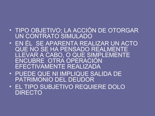 TIPO OBJETIVO; LA ACCIÓN DE OTORGAR UN CONTRATO SIMULADO EN ÉL  SE APARENTA REALIZAR UN ACTO QUE NO SE HA PENSADO REALMENTE LLEVAR A CABO, O QUE SIMPLEMENTE ENCUBRE  OTRA OPERACIÓN EFECTIVAMENTE REALIZADA PUEDE QUE NI IMPLIQUE SALIDA DE PATRIMONIO DEL DEUDOR EL TIPO SUBJETIVO REQUIERE DOLO DIRECTO 
