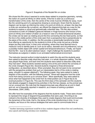 11
Figure 6: Snapshots of the Nicolet film on circles
We chose this film since it seemed to evoke ideas related to projective geometry, namely,
the notion of a point at infinity (in other words, if the line is seen as a continuous
transformation of the circle, then the centre of the circle must be infinitely far away, much
like the vanishing point of a perspective drawing is construed). Given that the dynamic
diagram can be seen as inferring the notion of a point at infinity (or, at least, the idea that
a circle can somehow flip curvature), we offered the diagramming task as a way for the
students to explore a virtual and geometrically unfamiliar idea. The film also evoked
connections to both of Châtelet‘s gestural interests in hinge-horizons (the horizon of the
point at infinity) and rotation (if taken as a head-on view of a three-dimensional situation,
the circles can be seen as rotating around the line connecting the two fixed points, so that
the line is the visible portion of the circle seen from a perspective that is perpendicular to
the plane of the circle). In addition, the film provides a dynamically transforming circle
thus offering an opportunity for the students to think of the circle not just as a familiar
shape (as they have done, in their prior schooling, where they have learned how to
measure it and to identify parts of, such as its radius, diameter and circumference), but as
a possibly mobile object with certain spatial and temporal behaviours. Finally, we hoped
that the film - due to its silent abstract nature - might challenge the students to position
themselves as subjects in relation to an animated mathematical environment.
The instructor (second author) invited students to watch the clip and the students were
then asked to describe orally what they had seen, in a whole classroom setting. The film
was played three times, and each time the students were asked to describe orally what
they had seen6. Most students resisted seeing a line at the point where the convexity of
the circle changed (Figure 6d). Several students imagined a three-dimensional
configuration, as described above. When prompted, they did not seem to be concerned
with the perspective problem that such an interpretation led to (if the circle is rotating
away, shouldn‘t is appear elliptical?). The following week, they were asked to make a
diagram of the situation, with the following prompt: ―Show with diagrams how the circle
move from being concave up to concave down‖. More specifically, they were asked to
show what had happened to the circle from its initial position (as in Figure 6a) to its
eventual position in Figure 6e. This was the third class of the semester and the students
had already engaged in diagramming activities in the first two classes, so the prompt was
not an unusual one. We note that the diagramming task was offered as an end in itself,
and not, as is frequently reported in research, as a means of solving a problem
(Nunokawa, 2004; 2006).
We offer here five examples of the diagrams that the students made. These were chosen
to represent the range of diagramming possibilities that were used. One thing to be
noticed is the diversity of strategies they used to create diagrams that could communicate
the dynamism of the circle, that is, the sense of the circle transforming in time. In our
analysis, we focus on the various strategies that were used to communicate time or
6

Another interesting experiment would be to have students diagram without first oral contributions,
since speech and listening introduce new modalities.

 