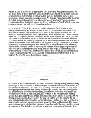 12
motion, as well as the modes of agency that were expressed through the diagrams. We
can see in some of these diagrams precisely what Châtelet found in significant historical
developments in mathematics: inventive ―cutting out‖ and dotted line gestures that
interfere and trouble assumed spatial principles. We analyze these diagrams for evidence
of multiple embodied perspectives, evidence perhaps of a network ―I‖ which operates
through a plural and distributed agency, as though ―spilling out of itself‖ while forming new
assemblages and new folds upon the working surface.
In this example (Example 1), the student used a successive framing approach to
diagramming the circle‘s changes—similar, in fact, to the stop-action technology of the
films. The arrows are used to indicate the direction of time so that in the first row, the
circles are seen getting flatter, until they eventually reach a straight line. The second row
shows the circles getting less flat, but again, with an ever-moving horizontal tangent line.
The diagrams do not clearly show that the series of shapes consist of circles, and seem
to focus instead on the flattening curvature that is approaching the extensive dimension of
the line. In Châtelet‘s terms, the motion of the diagram is along a fixed horizon; it neither
extends into 3-dimensional space (with a fold) nor cuts into the virtual space. However,
the horizontal segments shown at the end of the first row and the beginning of the next,
are shown as pivotal horizons where things end and also begin. Given the fixed and
confining nature of the horizon and the limited perspective offered, the diagram contrues
a weak network amongst the various subjects or actants (including the maker of the
diagram, the film, the paper, the imagined viewer).

Example 1
In Example 2, the student draws on the same successive framing strategy of representing
the change in time as a series of discrete shapes. Instead of unfolding over two rows, the
transformations occur along the same row, beginning with the half circle concave down
getting progressively flatter, then turning into a straight line and then transforming into a
half circle concave up. Points here are used, as in the film, to indicate positions on the
circle that remain fixed at least throughout the first half of the transformation (floating
upward during the second half). These elements were entirely lacking in example #1. As
in the previous example, however, only the arcs are visible. Only the first and the last
semi-circles include dotted lines that complete the circle—dotted lines that, in Châtelet‘s
diagrammatic grammar, can serve to couple anew the virtual and the actual. The dotted
semi-circles combine with the other elements to construe a slightly more complex network
or assemblage. The dotted curves intimate or conjure a future action and thereby draw

 