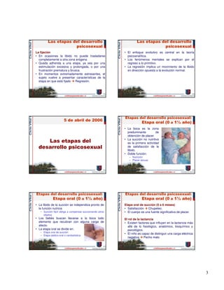 3
Las etapas del desarrollo
psicosexual
La fijación
• En ocasiones la libido no puede trasladarse
completamente a otra zona erógena.
• Queda adherida a una etapa, ya sea por una
estimulación excesiva y prolongada, o por una
frustración prematura y brusca.
• En momentos extremadamente estresantes, el
sujeto vuelve a presentar características de la
etapa en que está fijado Regresión.
Las etapas del desarrollo
psicosexual
• El enfoque evolutivo es central en la teoría
psicoanalítica.
• Los fenómenos mentales se explican por el
regreso a lo primitivo.
• La regresión implica un movimiento de la libido
en dirección opuesta a la evolución normal.
5 de abril de 2006
Las etapas del
desarrollo psicosexual
Etapas del desarrollo psicosexual:
Etapa oral (0 a 1½ año)
• La boca es la zona
preduminante de
obtención de placer.
• La succión no nutritiva
es la primera actividad
de satisfacción de la
libido.
• Doble función:
– Nutrición
– Placer sexual.
Etapas del desarrollo psicosexual:
Etapa oral (0 a 1½ año)
• La libido de la succión se independiza pronto de
la función nutricia
– Succión fácil obliga a compensar succionando otros
objetos.
• Los bebés buscan llevarse a la boca todo
elemento que recubran con alguna carga de
afecto.
• La etapa oral se divide en:
– Etapa oral de succión
– Etapa sádico-oral o canibalística
Etapas del desarrollo psicosexual:
Etapa oral (0 a 1½ año)
Etapa oral de succión (0 a 6 meses)
• Satisfacción Chupeteo.
• El cuerpo es una fuente significativa de placer.
El rol de la lactancia
• Existen factores que influyen en la lactancia más
allá de lo fisiológico, anatómico, bioquímico y
psicológico.
• El niño es capaz de distinguir una carga eléctrica
negativa Pecho malo
 